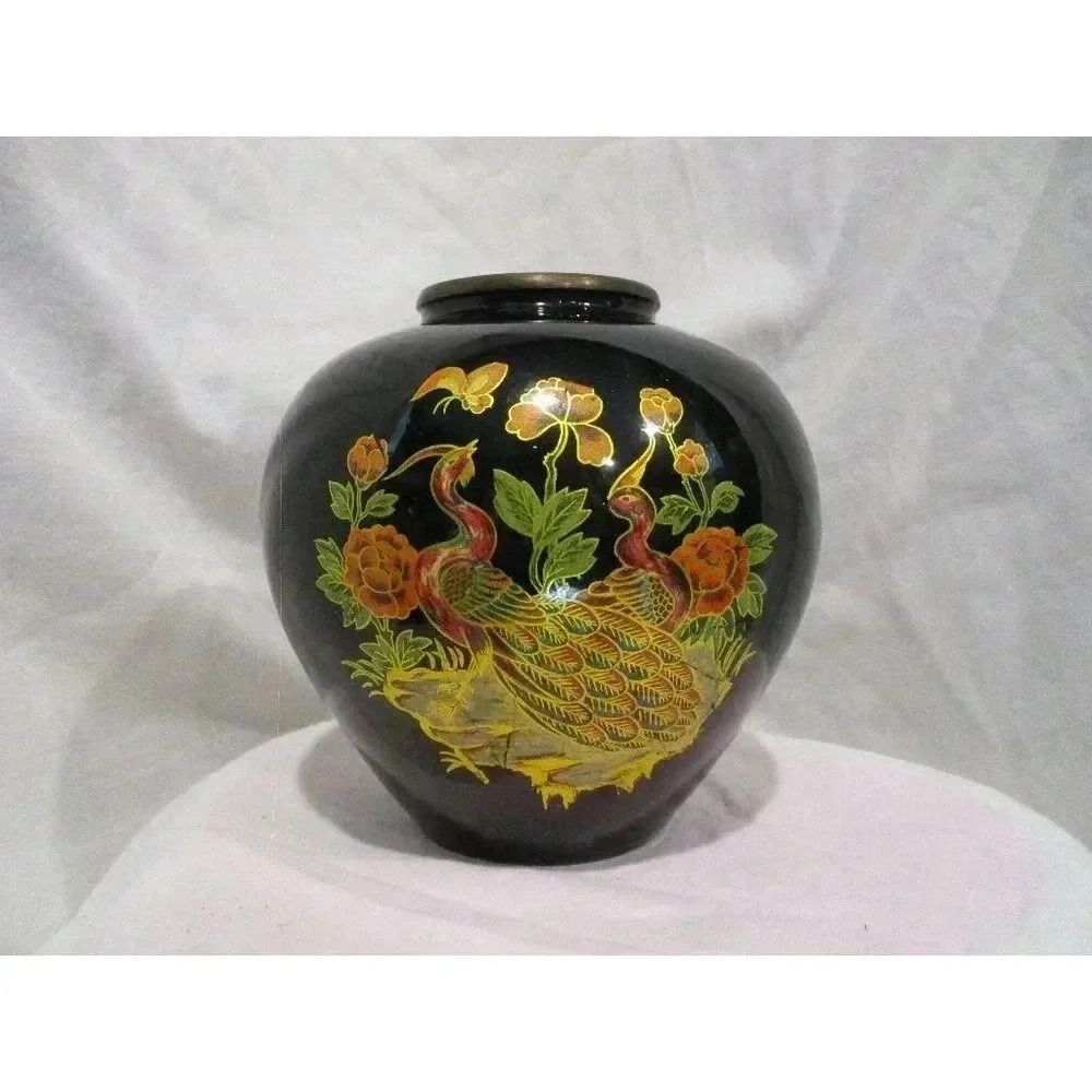 Vase, Black Lacquered Brass Vase‎ with peacock and floral decoration